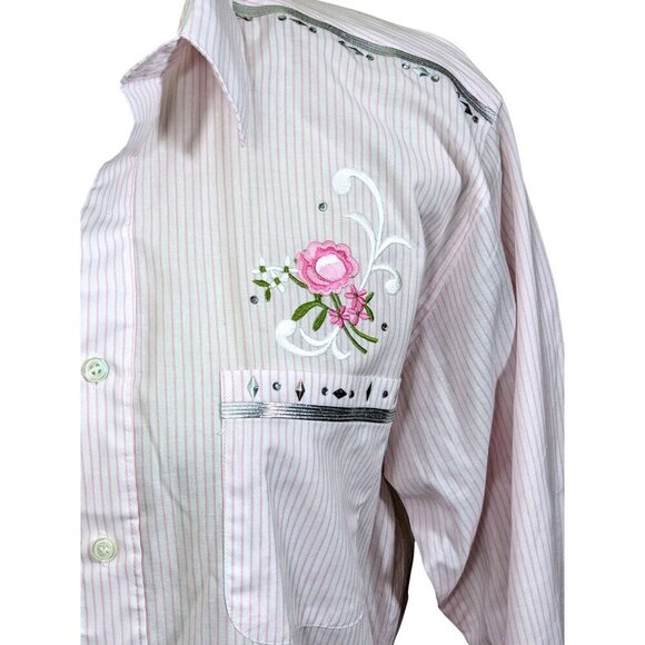 Las Olas Womens Button Up Shirt Size Med Long Sleeve Pink Striped Embroidered - Picture 2 of 11